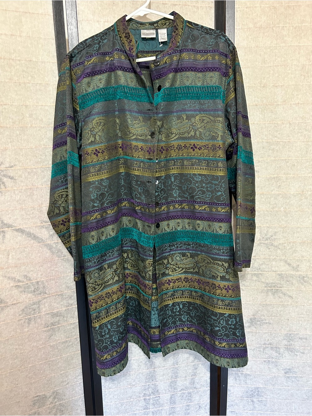 Chico's Multicolor Oriental Paisley Floral Button Front Long Sleeve Coat SZ 3/XL